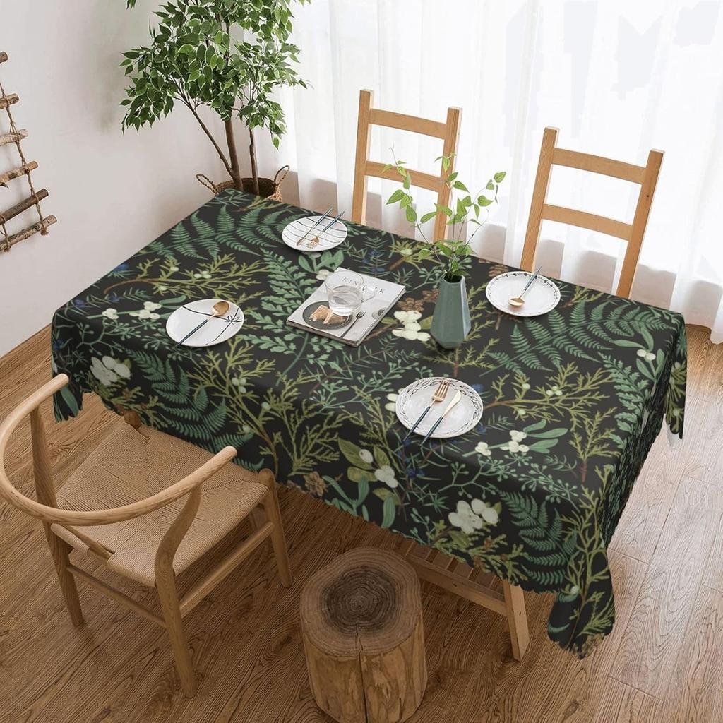 Fresh Spring Botanical Print Tablecloth Elegant Black Sage Green Floral Plant Table Cover for Kitchen Dining Party Decor