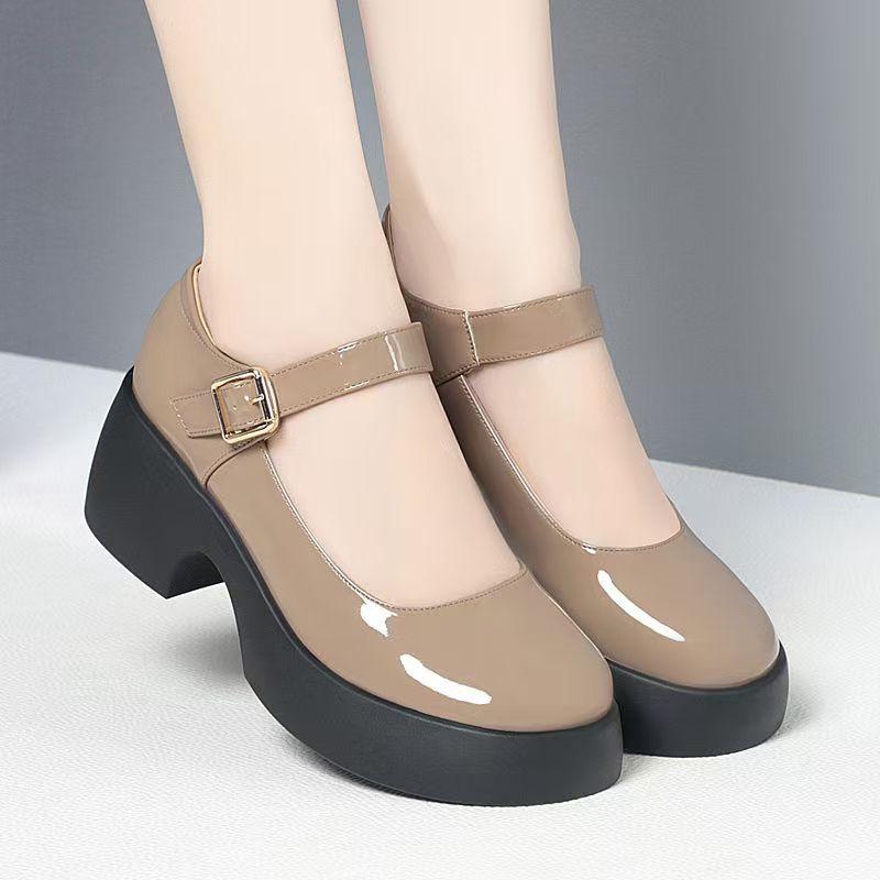 

Casual Soft Leather Low-cut Single Buckle Leather Shoes Round Toe Thick Sole Leather Shoes Retro Women s Shoes 40 абрикосовий