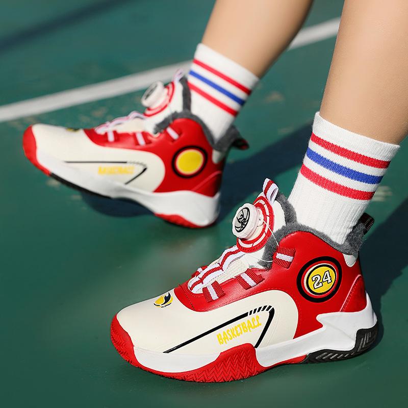 Autumn/Winter Warm Boys' Leather Rotating Buckle Basketball Shoes with Velvet, Children's Sports Professional Basketball Shoes