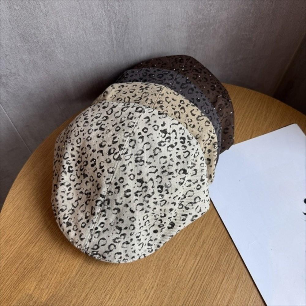 Rhinestone Leopard Print Beret Y2k Leopard Newsboy Cap Cool Painter Cap  Outdoor