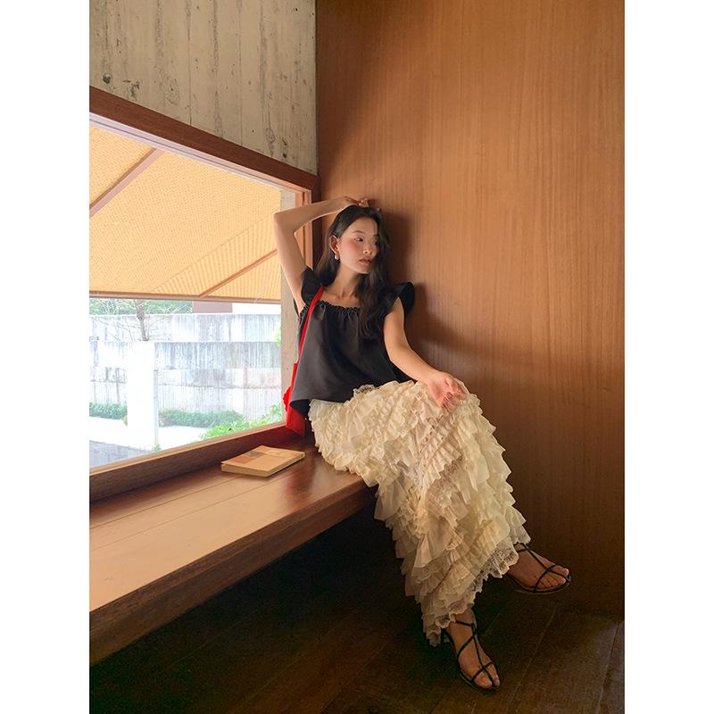 NEWOPEN Summer Pleated Lace High-Waisted Layered Cake Midi Skirt