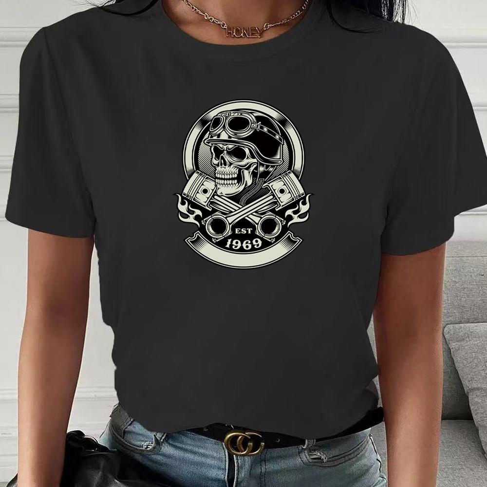 2023 Fashion Trend New T-shirt Skull Printed Female O-neck T Shirt Casual Harajuku Crew Neck  Ladies Tshirt Hip Hop Streetwear