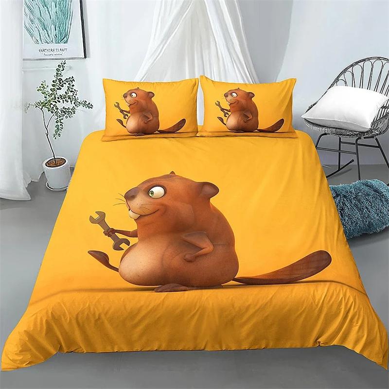 Cartoon Beaver Duvet Cover King Queen Funny Lovely Animal Bedding Collection Kids Girls Wildlife Polyester Comforter Cover Pillowcase