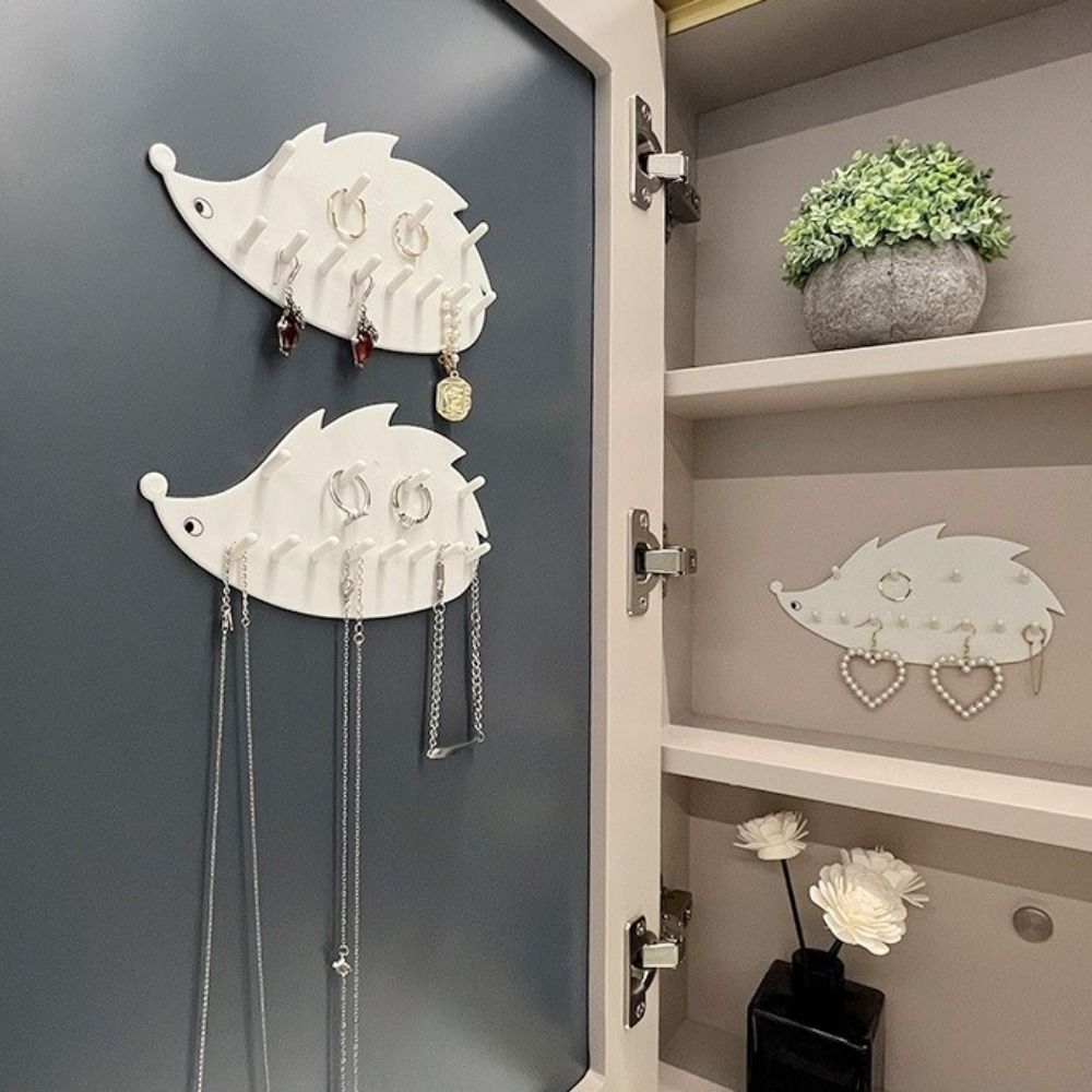2Pcs Wall Mounted Hedgehog Jewelry Hook Dual Layer Sticky Hook  Necklace Chains Storage
