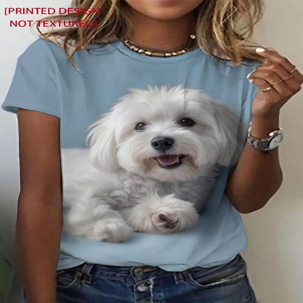 Smiling Little White Dog Printed Short Sleeve T-Shirt, Women'S Fashion Top, Women'S Summer Round Neck T-Shirt