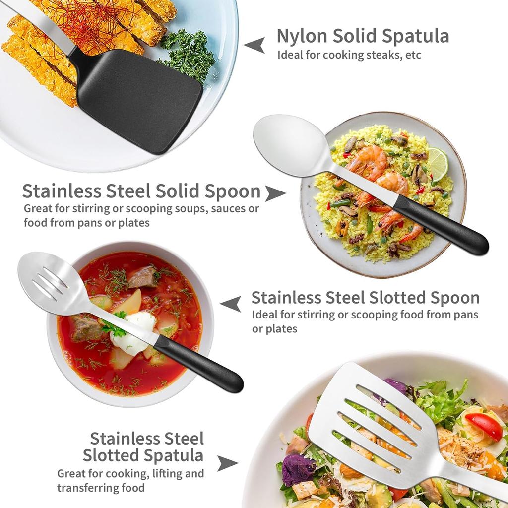 Stainless Steel Cooking Utensils Set, 4-piece Kitchen Utensil Set with PP Handles, Dishwasher Safe, Non-Stick and Heat Resistant, Spoons, Spatula for