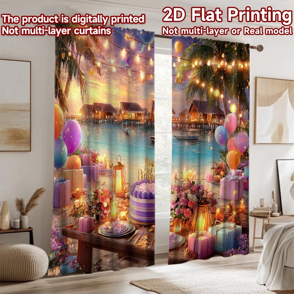 2D flat printing 2pcs Window Treatment Curtains Beach Birthday Party Sunset Digital Printed Polyester Drapes Party Decorations
