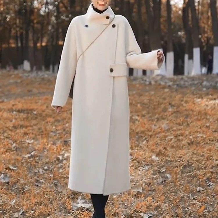 2025 Autumn/Winter Women's Wool Coat - Korean Hepburn Style with Stand-Up Collar