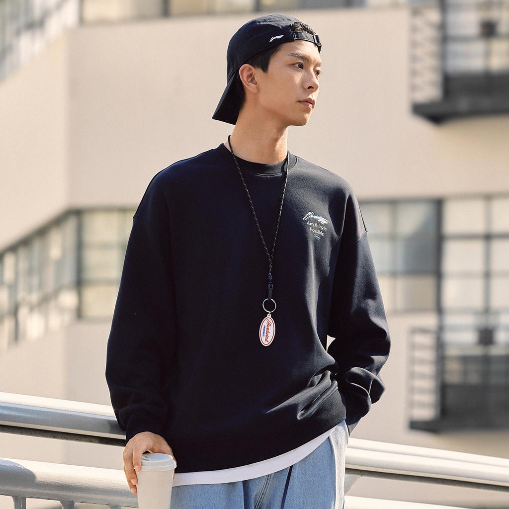 Li Ning Sports Fashion Collection Brand Logo Anti Static Fleece Lined Thermal Versatile Casual Loose Fit Crew Neck AWDU981-1