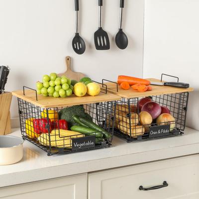 2 Pcs Stackable Wire Baskets with Bamboo Top for Pantry Organizers and Storage,Kitchen Organization Counter Basket for Vegetable