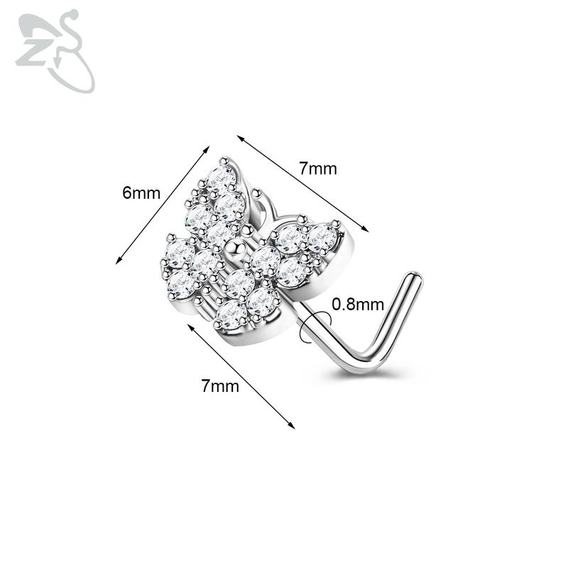 ZS 1 Piece Cute CZ Crystal Nose Stud L-Shape 20g Stainless Steel Nose Piercings Flower Moon Heart Shape Zircon Nostril Piercing