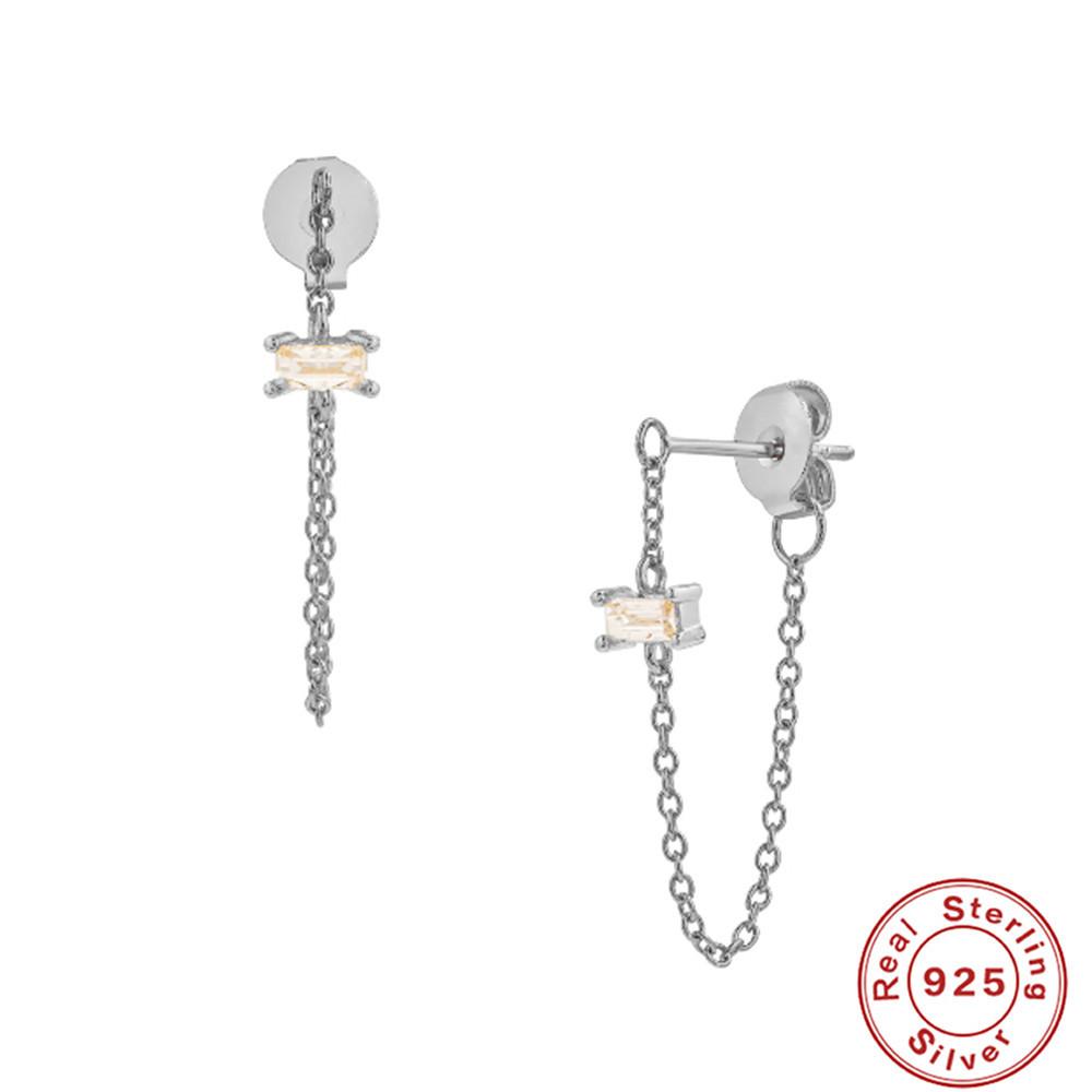 Suivez la tendance S925 Argent Sterling Chaîne simple Chaîne Boucles d'oreilles puces Zircon carré fin Écouteurs fins