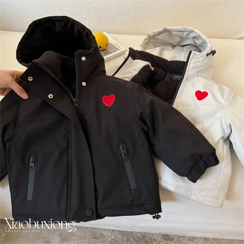 Boys Fleece Lined Hooded Windproof Jacket with Heart Print for Toddlers 90