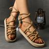 Summer Women's Flat Sandals Ankle Strap Hemp Rope Low Heel Retro Roman Sandals Leisure Beach Vacation Open Toe Women's Shoes
