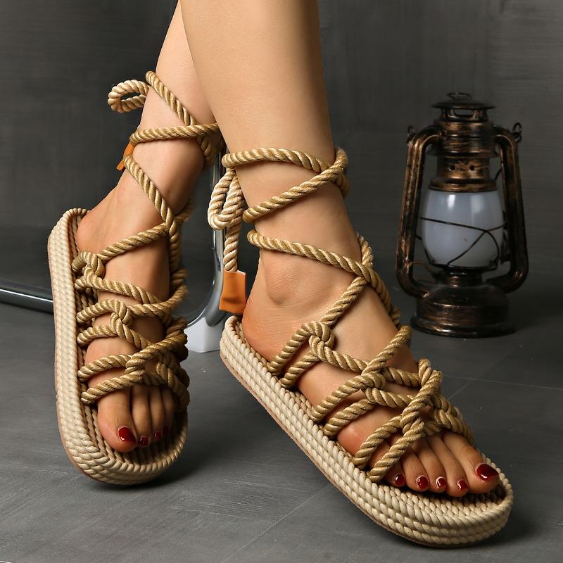 Summer Women's Flat Sandals Ankle Strap Hemp Rope Low Heel Retro Roman Sandals Leisure Beach Vacation Open Toe Women's Shoes