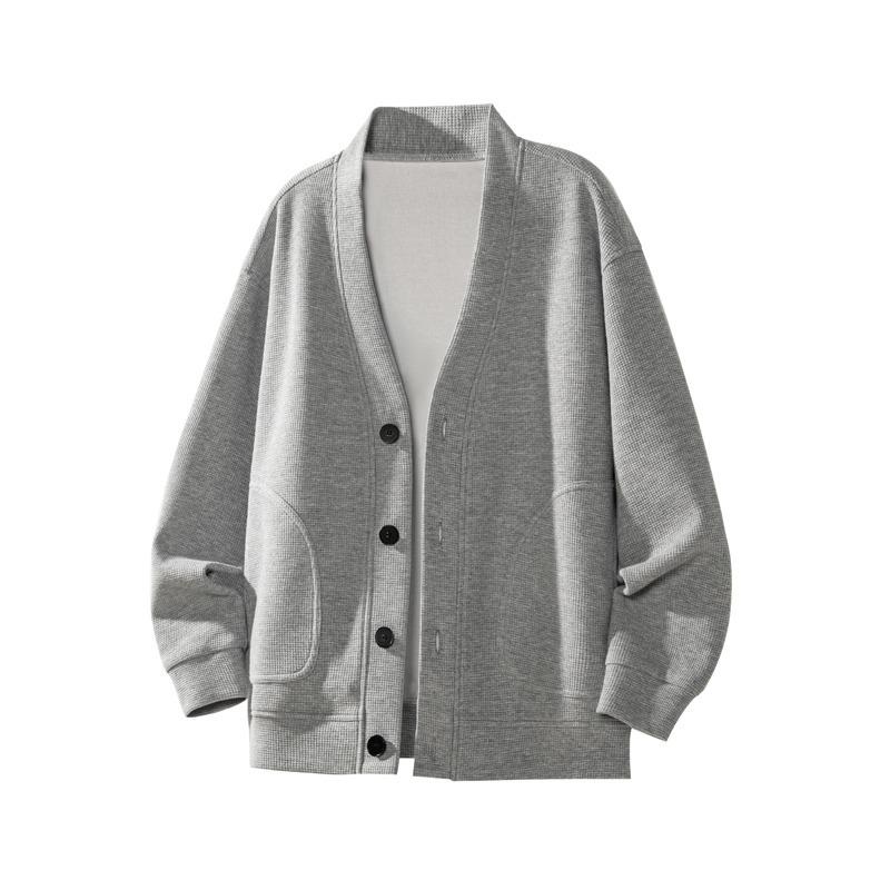 Men's Retro Waffle Knit V-Neck Cardigan Hoodie – Spring/Autumn Heavyweight Loose Casual Jacket.
