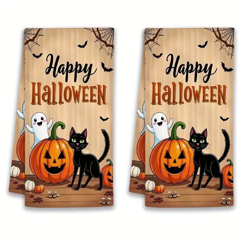 2PCS Black Cat Pumpkin Ghost Halloween Kitchen Towels Dish Towels, 40*60cm Reusable Absorbent Hand Towels for Kitchen Bathroom