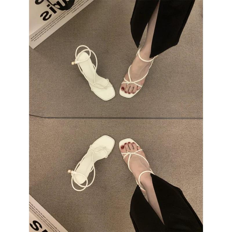 Women's fashion sandals square head fine heel ankle buckle strap open toe high heels soft bottom temperament strap Roman shoes