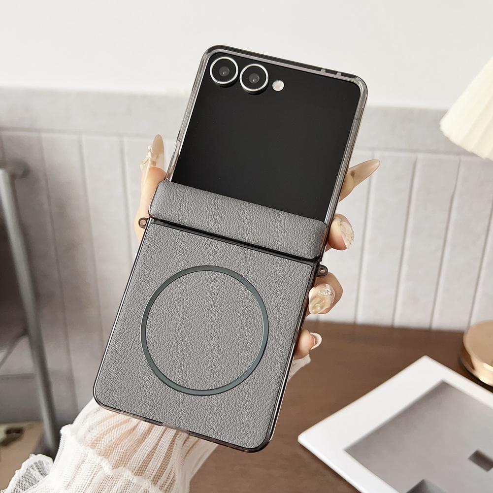 

High-end Busine Sle Leather with Hinge Built-in Thin Magnetic Ring Phone Case for Samsung Galaxy Z Flip 7 6 Slim Protection Cover Galaxy Z Flip7 сірий колір