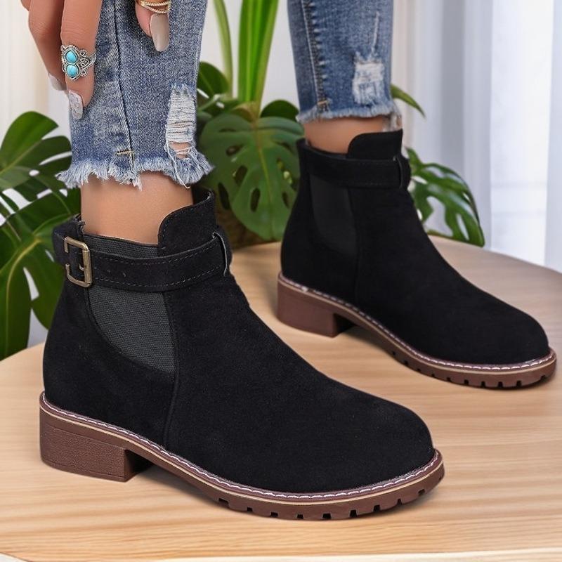Women Boots 2025Retro Suede Round Head Thick With Belt Buckle Boots EuropeAmerica Wind Casual High Heel Ankle Boots Botas Mujer