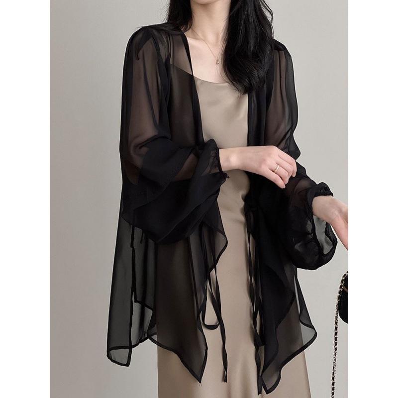 Women's V Neck Long Sleeve Midi Cardigan Loose Fit Chiffon Open Front Cover Up