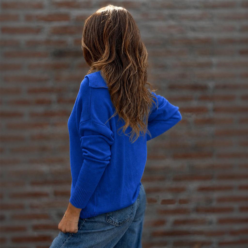 Women's Long Sleeve Sweater with Button Down Collar Loose Fit Color Casual Pullover