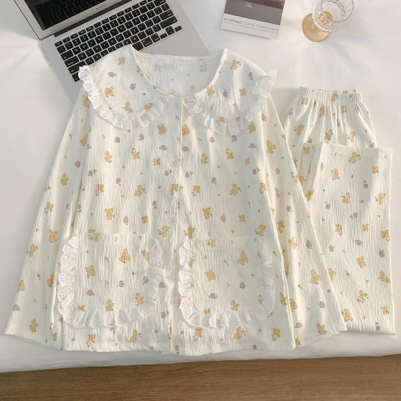 Pastoral Small Floral Pajamas Women'S Spring And Autumn Simple Long-Sleeved Doll Collar Cloud Cotton Loungewear Set