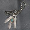 Antique Silver Skull Keychain with Turquoise Accent and Feather Cowhide Trim