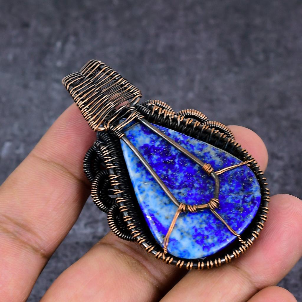 Natural Lapis Lazuli Gemstone Copper Wire Wrap Jewelry Pendant 2.36" ET-4642