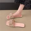 Fashion Plus Size Slippers Summer Slip Out Women's New Square Toe Open Toe Rhinestone Bow Non-Slip Soft Sole Flats