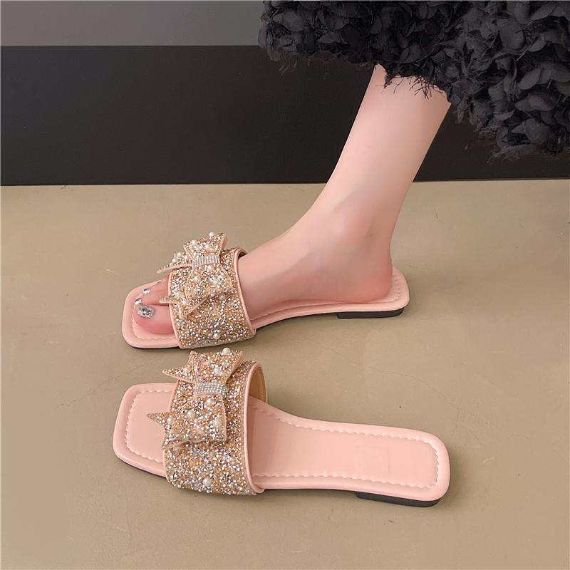 Fashion Plus Size Slippers Summer Slip Out Women's New Square Toe Open Toe Rhinestone Bow Non-Slip Soft Sole Flats
