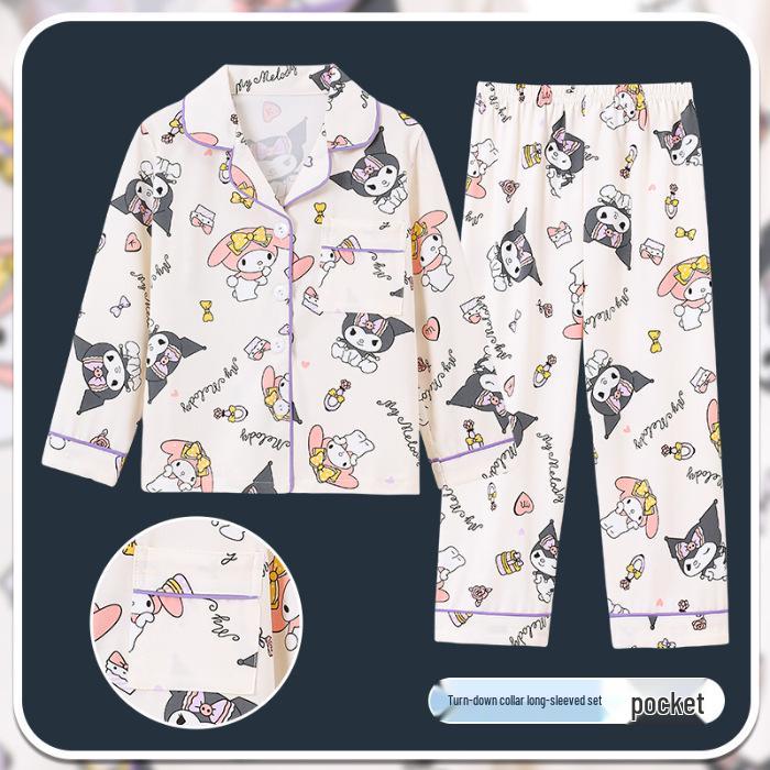 Spring & Autumn Cotton-Feel Girls' Cardigan Pajama Set - Long Sleeve & Pants