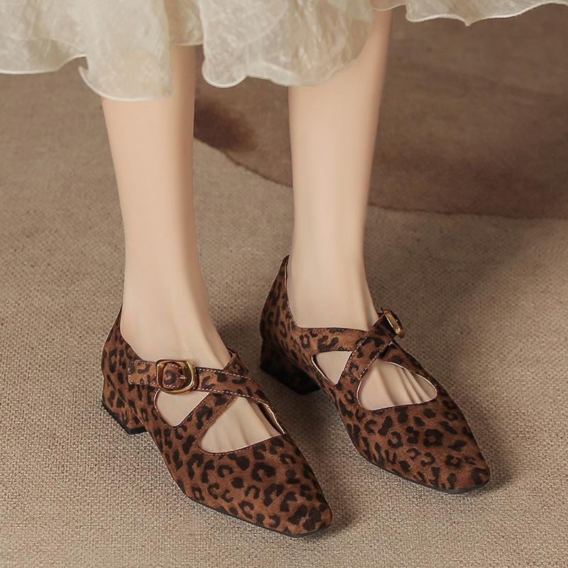 Maillard Leopardenmuster Mary Janes Damen Winterschuhe neu vielseitig kleiner eckiger Kopf flacher Ausschnitt dicker Absatz hohe Absätze