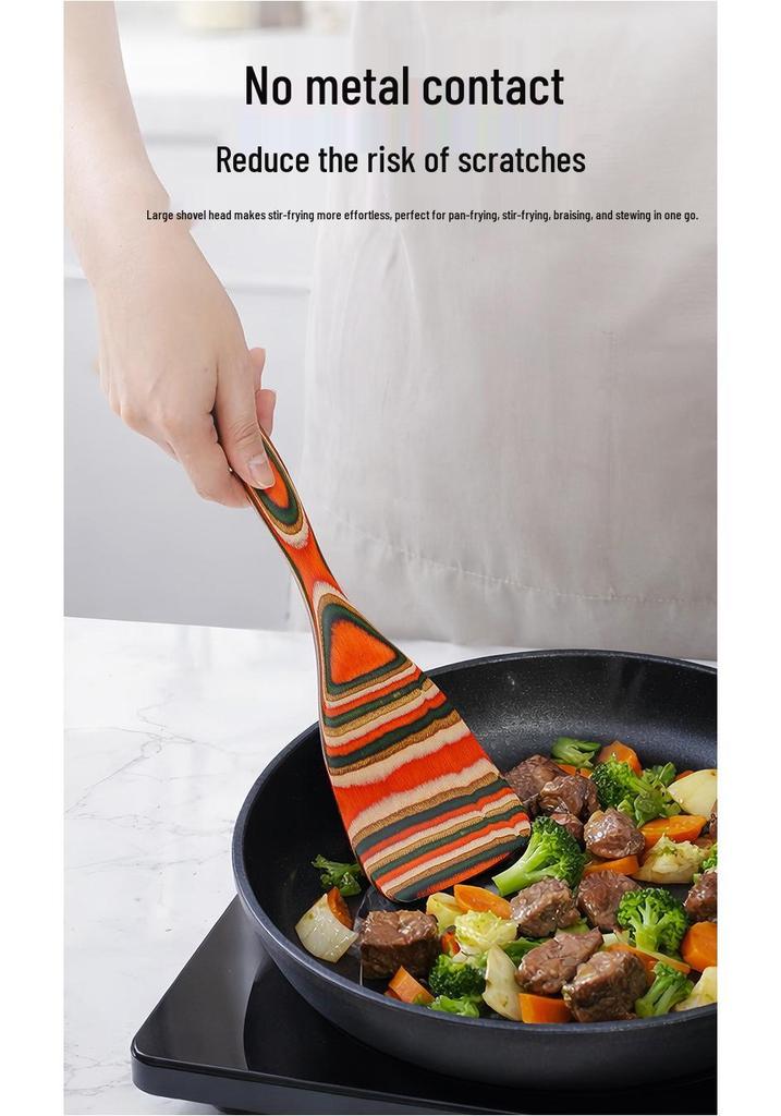 Colored Wooden Kitchen Set: Non-stick Ladle, Strainer, and Spatula.