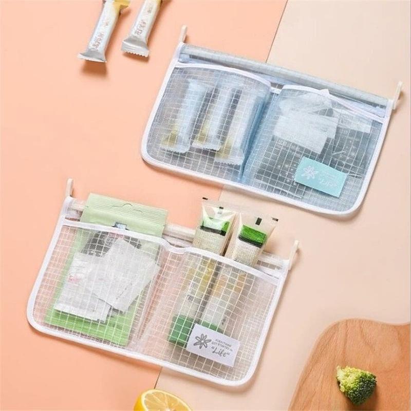 Refrigerator Storage Net Bag Double Compartment Hanging Mesh Organizer for Sauce Packets Spices Kitchen Pantry Organization