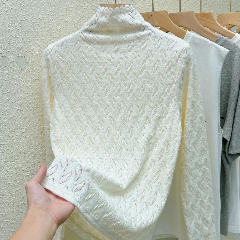 Apricot Color Plus Velvet Lace Top for Women In Autumn and Winter Thickened Half Turtleneck Base Shirt Fashionable Small Shirt