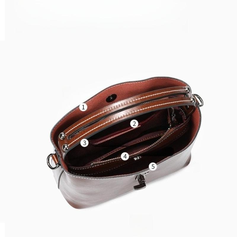 Real Oil Wax Leather Women's Bucket Bag Casual and Simple Handbag Large Capacity Ladies Cowhide Fashionable Crossbody Tote Bag