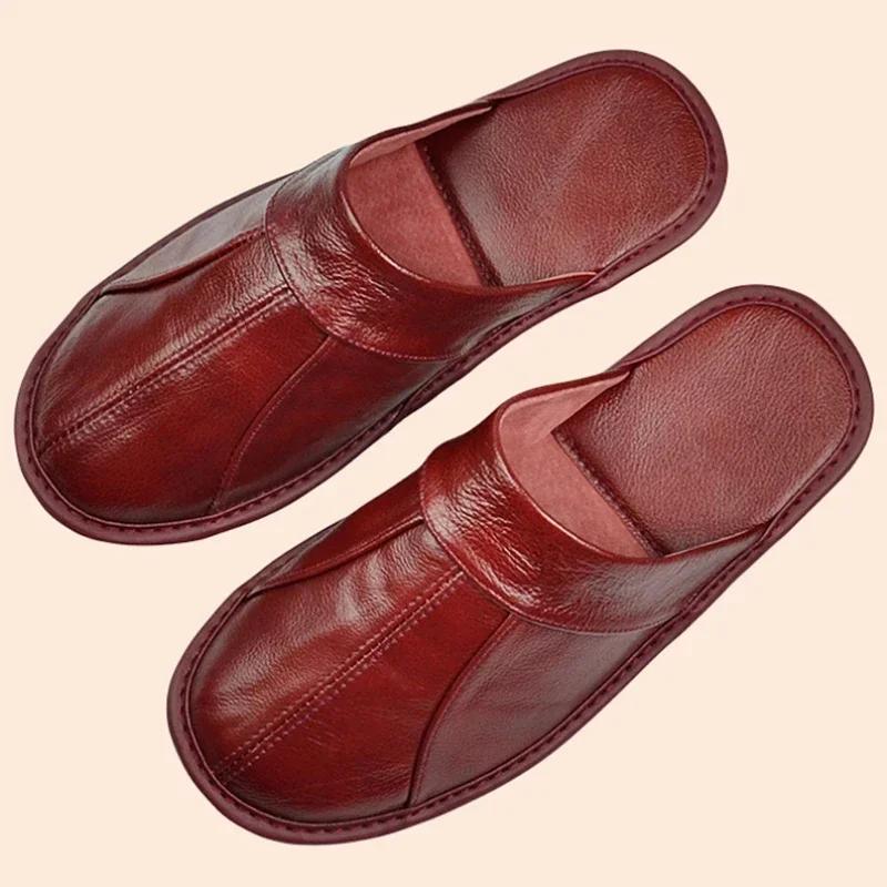 Genuine Cow Leather Slippers Homes in Indoor Slipper Spring Autumn Summer Men Women Elderly Non-slip Casual Single Slides Shoes