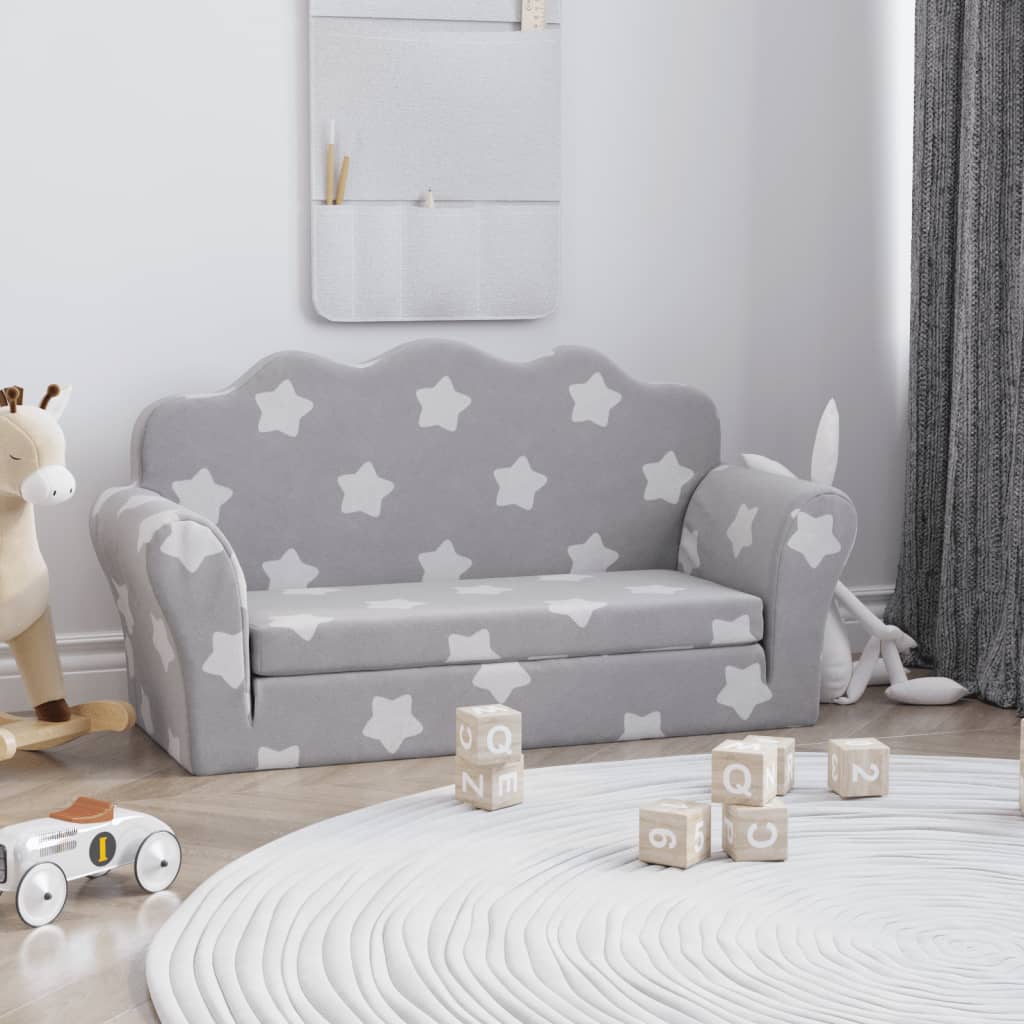 Vidaxl 2-Os. Sofa für Kinder, Ausklappbar, Grau mit Sternchen, Plüsch