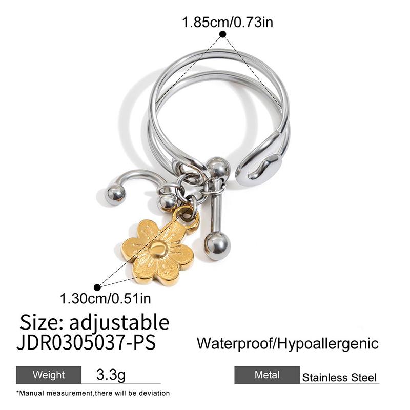 Trendy Women S Paper Clip Design Flower Heart Star Pendant Open Ring 18K Gold-Plated Stainless Steel Waterproof Jewelry A2