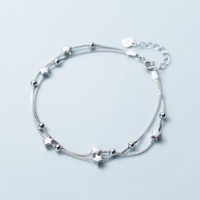 Fashion 925 Sterling Silver Glossy Star Beads Layer Chain Bracelets Women Jewelry