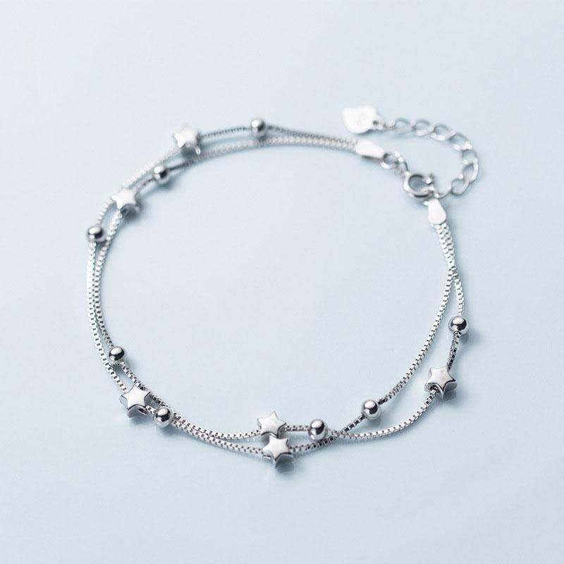 Fashion 925 Sterling Silver Glossy Star Beads Layer Chain Bracelets Women Jewelry