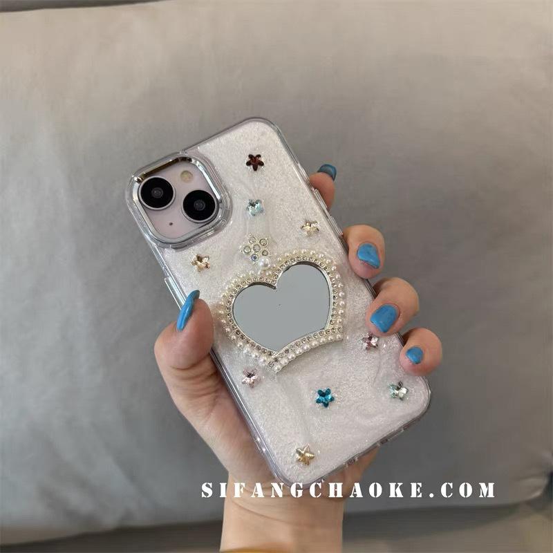 Rhinestone Pearl Crown Mirror Mobile Phone Case For Iphone17Promax Epoxy Apple 15 Stars Female