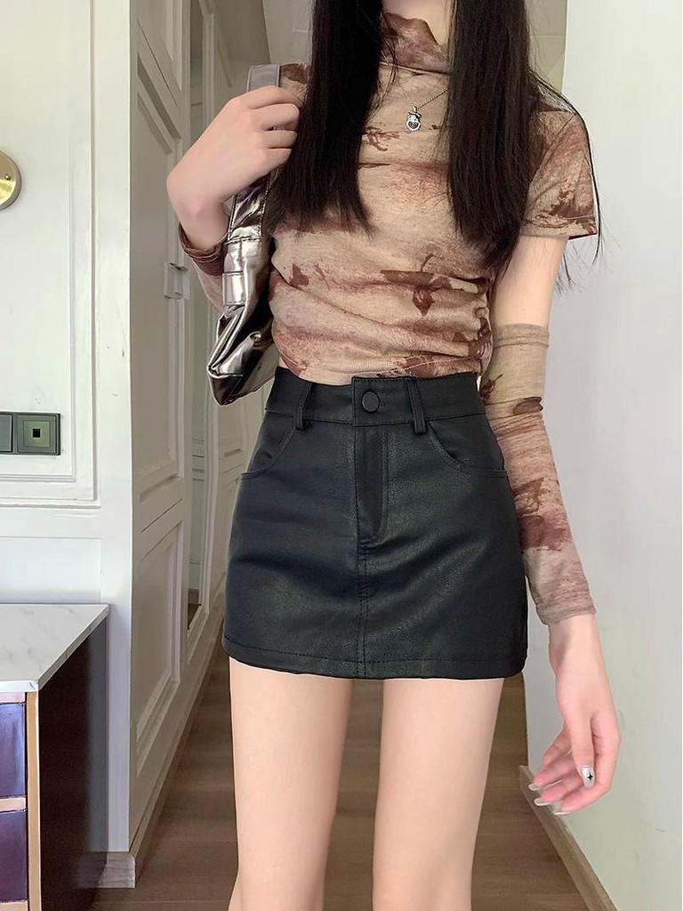 Summer 2025 Petite High Waist A-Line Brown PU Leather Skirt for Women