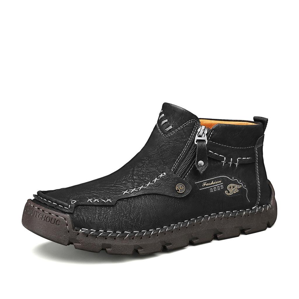 Men's Martin Boots: Autumn/Winter Zipper Casual Short Boots with Plus Size, Handmade Stitching, and Velvet Lining.