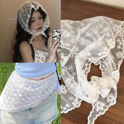 Korean Fresh Style Neckerchief Sweet White Lace Headband Turban Small Scarf Thin Flower Triangle Hair Band Girls Headdress