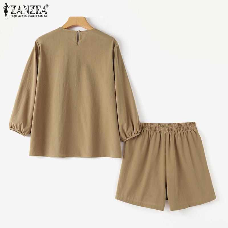 ZANZEA Damen-Bluse und Shorts, lässiges Sommer-Zweiteiler-Set