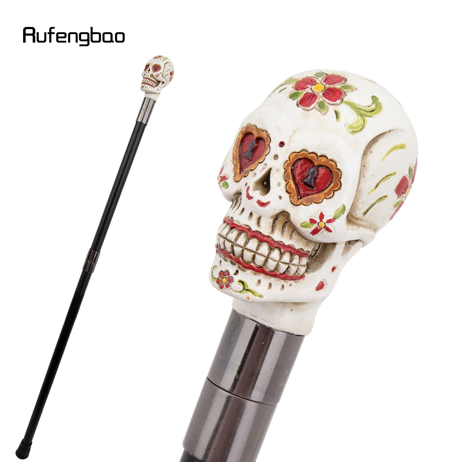 

White Resin Red Flower Skull Head Walking Cane Fashion Decorative Steel Stick Gentleman Elegant Cosplay Cane Knob Crosier 94cm