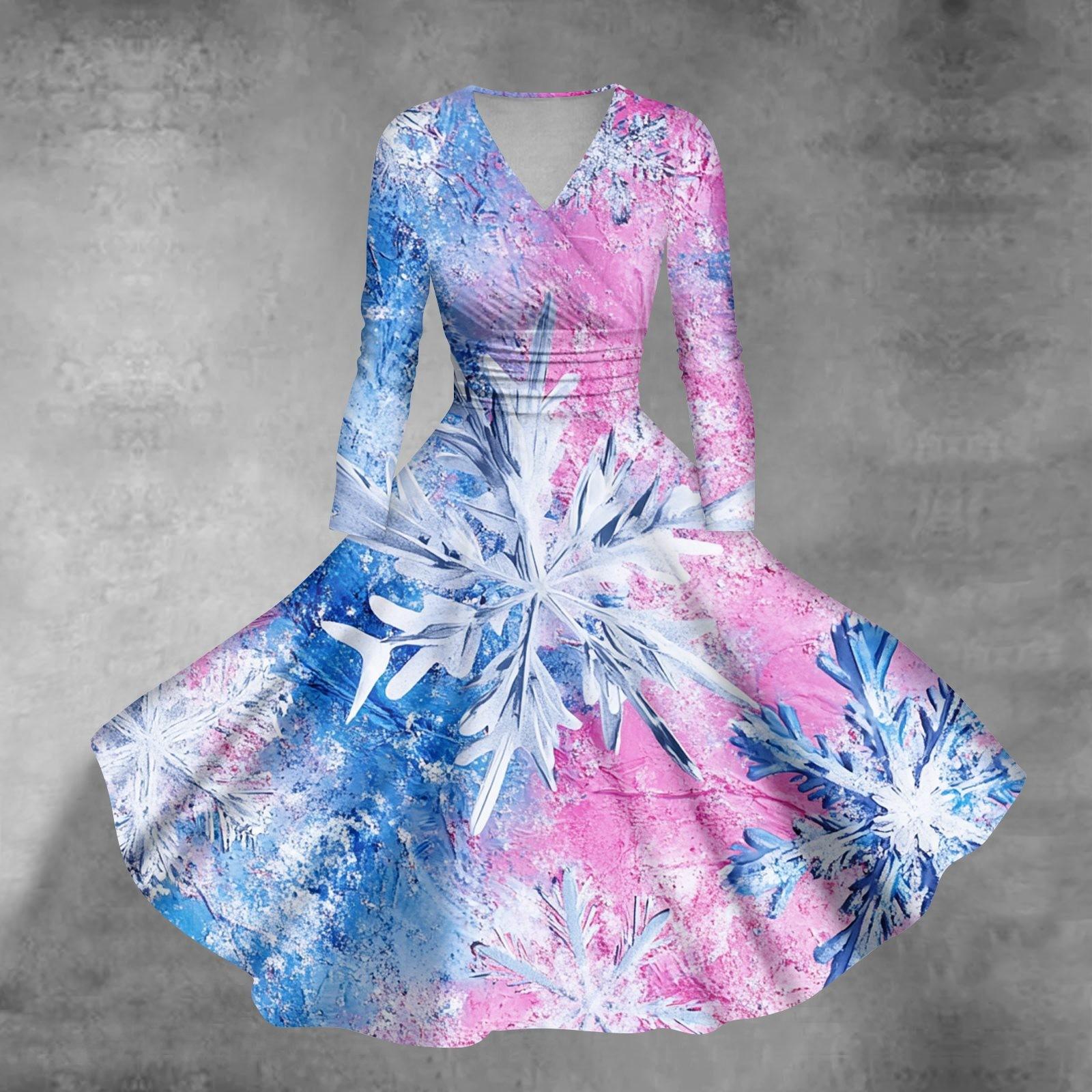 

Женские повседневные модные рождественские принты с длинным рукавом и V-образным вырезом, сексуальные платья с карманами XXL