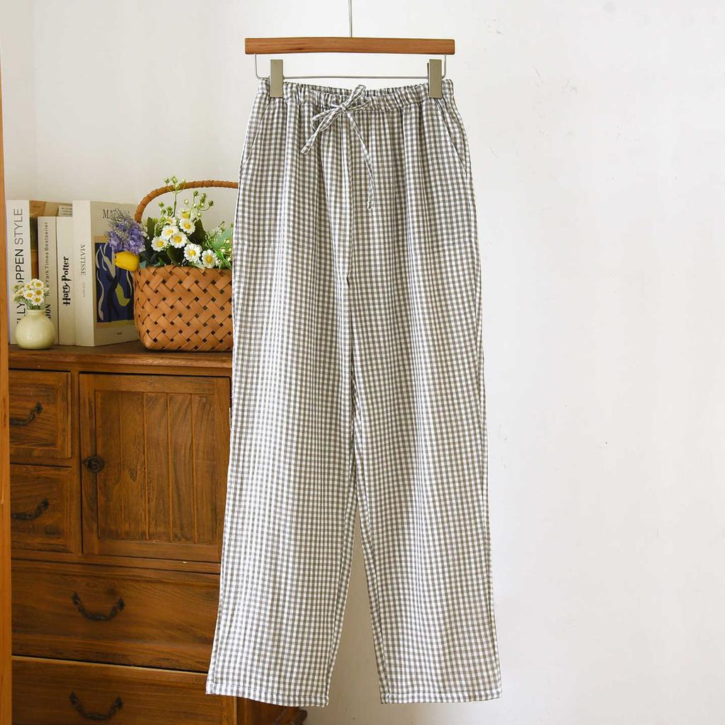 2026 New Spring/Summer Couple Sleeper Pants 100% Cotton Gauze and Women's Pants Simple Checkered Thin Home Pants